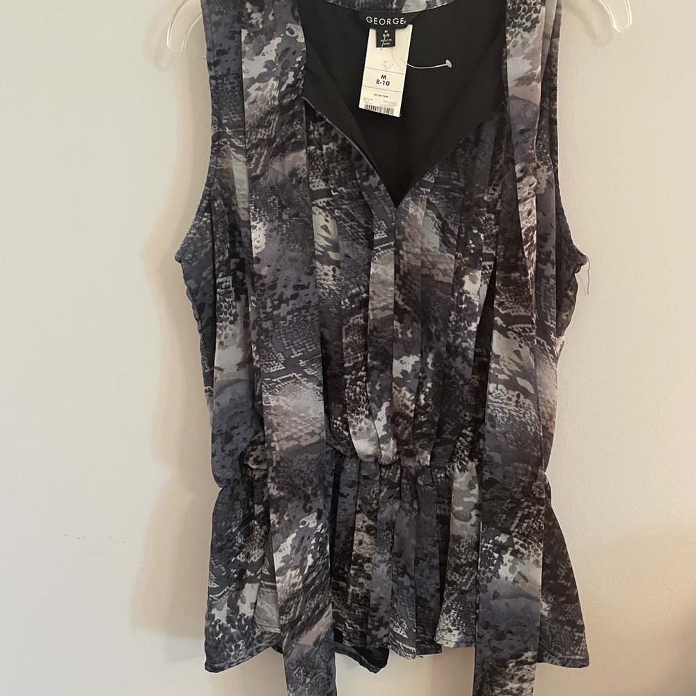 George Black and Gray Sleeveless Peplum Blouse with Tie Front